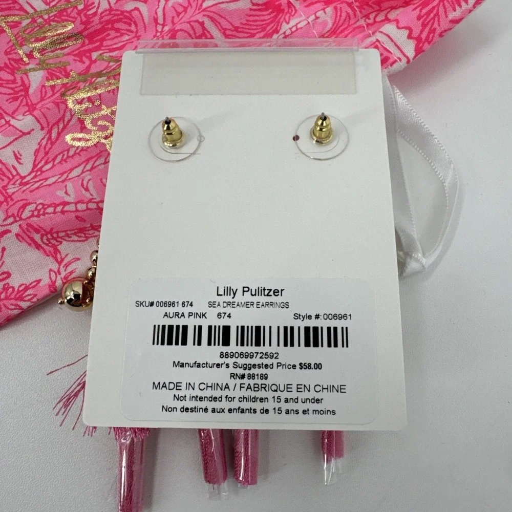 LILLY PULITZER STATEMENT DROP EARRINGS TASSEL SEA DREAMER‎ AURA PINK NEW NWT $58
